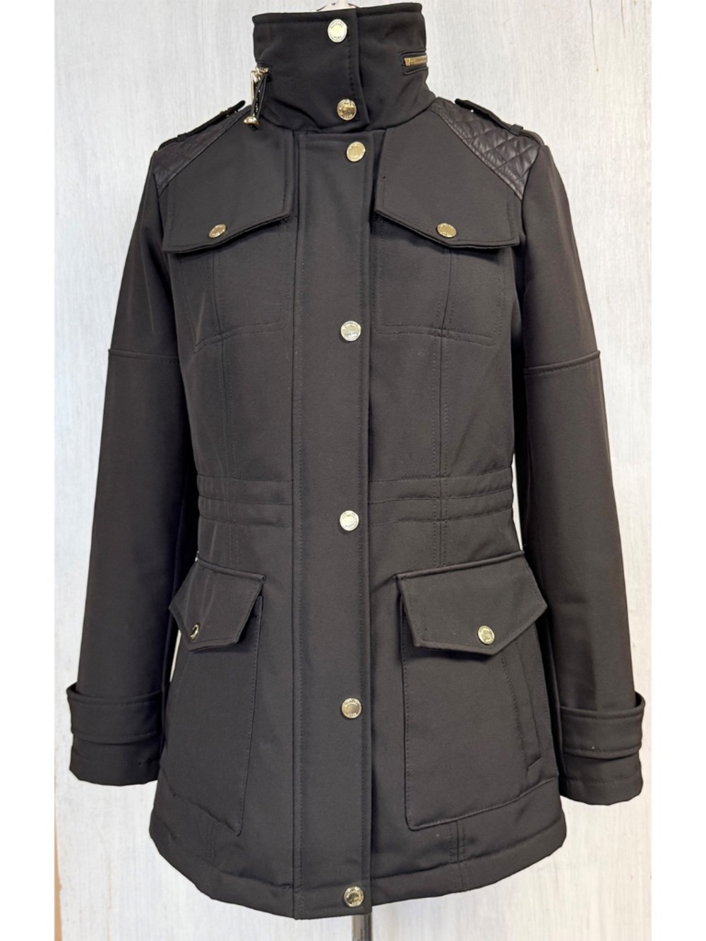 MICHAEL Michael Kors Black Insulated Softshell Utility Jacket Gold Hardware S